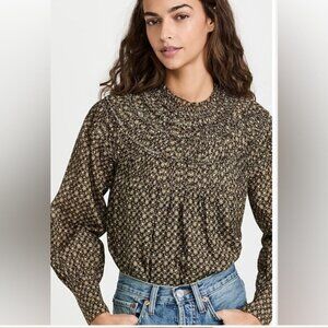 Rebecca Taylor Feather Fleur Smock Top Size 12 NWOT Brown/White/Yellow